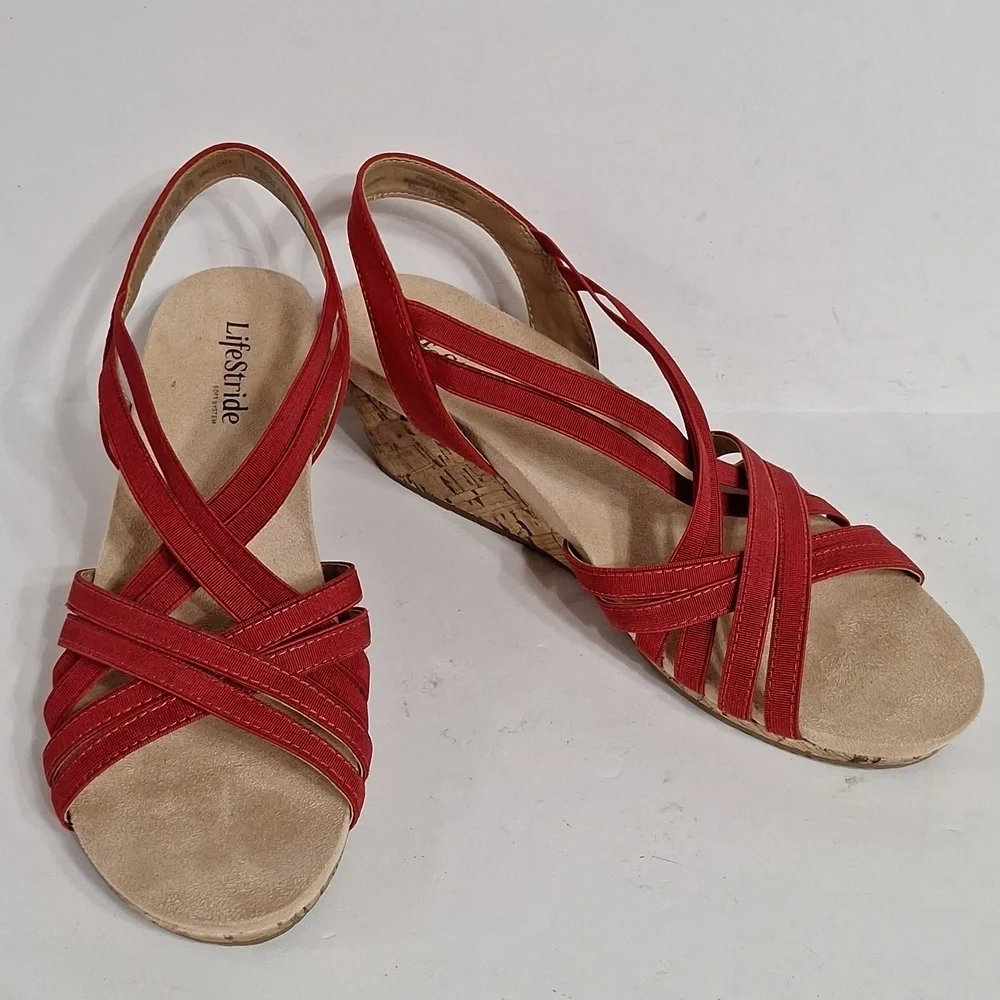 Life Stride (NEW) Red Mallory Stretch Strappy Wedge Comfort Sandals Size 9.5